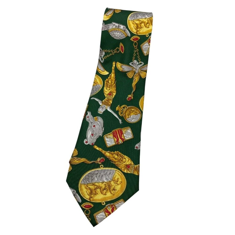 ALTEA Men's 100% Silk Necktie LUXURY Tie Green Gold Art W:3.8" EUC